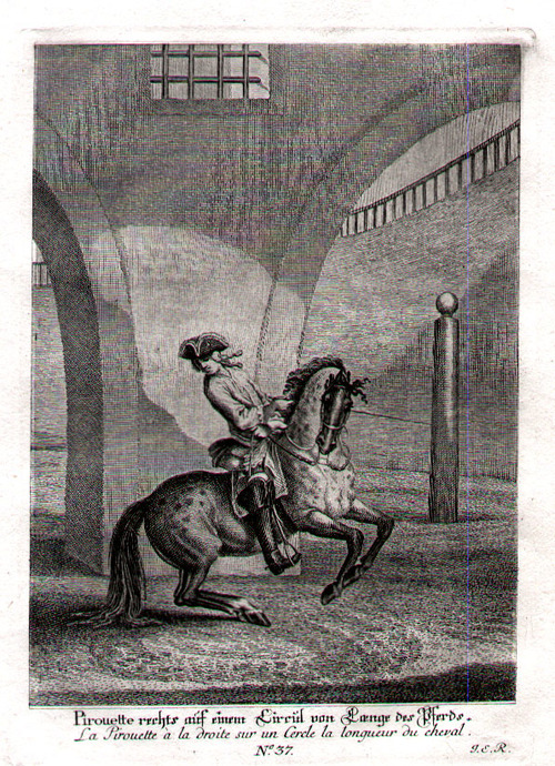 REITSCHULE/Sport - Pirouette rechts auf einem Circul von Laenge des Pferds. Bl.37 aus "kleine Reitschule"