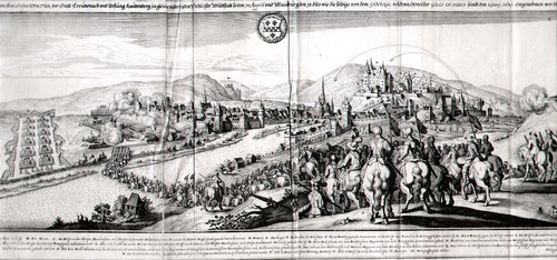BAD KREUZNACH/Alte Stadtansichten - Gesamtansicht mit der Belagerung i. J. 1631