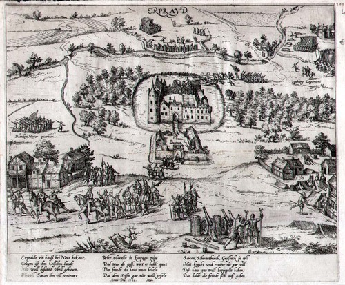 NEUSS/Alte Stadtansichten - Schloss Erprayd bei Neuß, Abzug des Herzogs von Sachsen am 12.3.1585