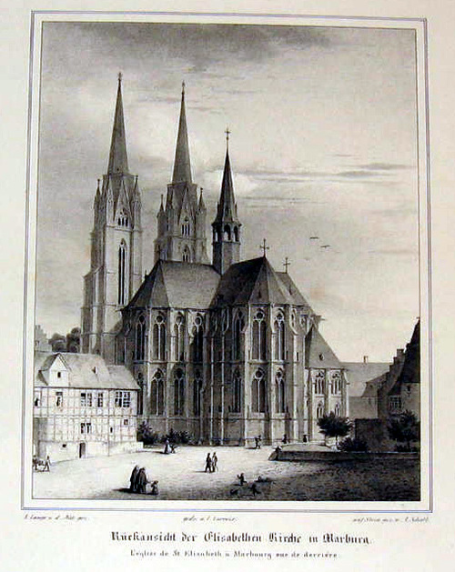 MARBURG/Alte Stadtansichten - Rückansicht der Elisabethen Kirche in Marburg