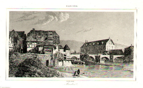 HANNOVERSCH MÜNDEN/Alte Stadtansichten - Blick über die Werra mit Brücke und altem Palast