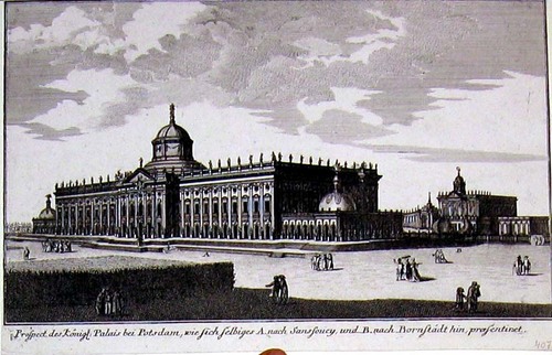 POTSDAM/Alte Stadtansichten - Prospect des Königl:Palais bei Potsdam, wie sich selbiges A. nach Sanssoucy, und B. nach Bornstädt hin, praesentiret