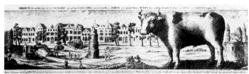 KÖLN/Alte Stadtansichten - Abbildung des im Jahr 1496 auf dem Neumarkt statt gehabten Schiess-Spiels, wozu eyn wirdig Rait van Coelne einen grossen feisten Ochsen den sämtlichen Gaffeln ( Zünften ) als Preiss des Siegers hergegeben hat
